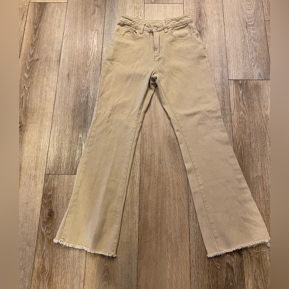 Women’s Corduroy Flare Pants High Waisted Raw Hem Tan Boho No Size Tag